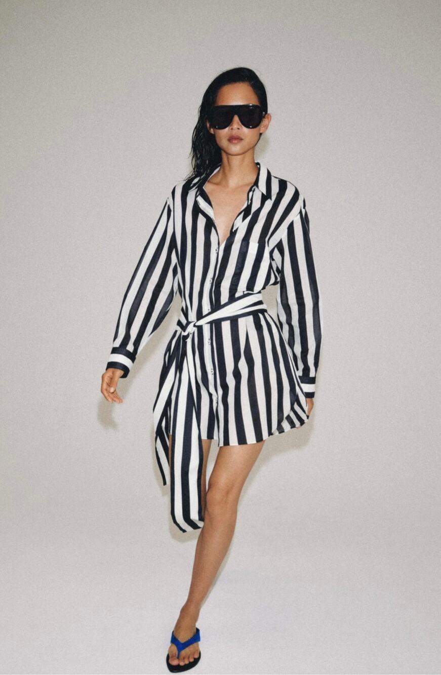 New Zara ZW Collection Striped Shirt Dress Women's Navy Blue White Size Large